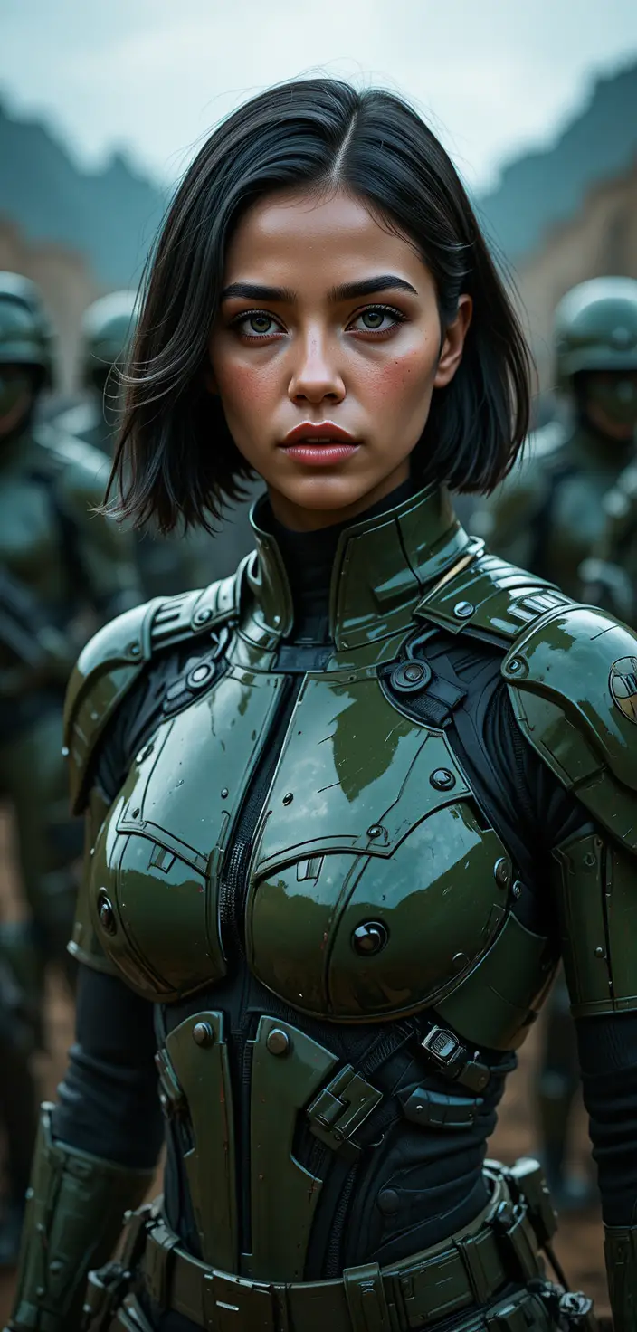 Giovane guerriera sci‑fi in armatura futuristica color oliva – ritratto