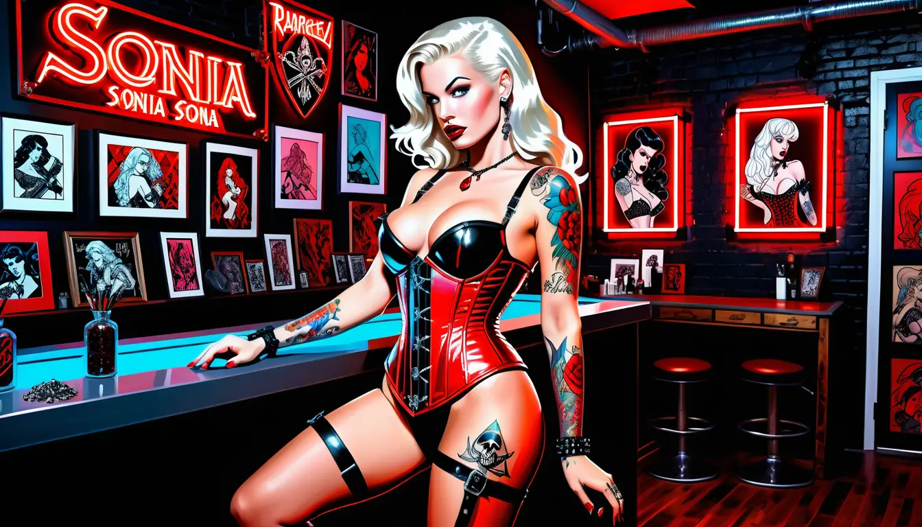 Pin-up blonde platine tatouée dans un studio loft haut de gamme