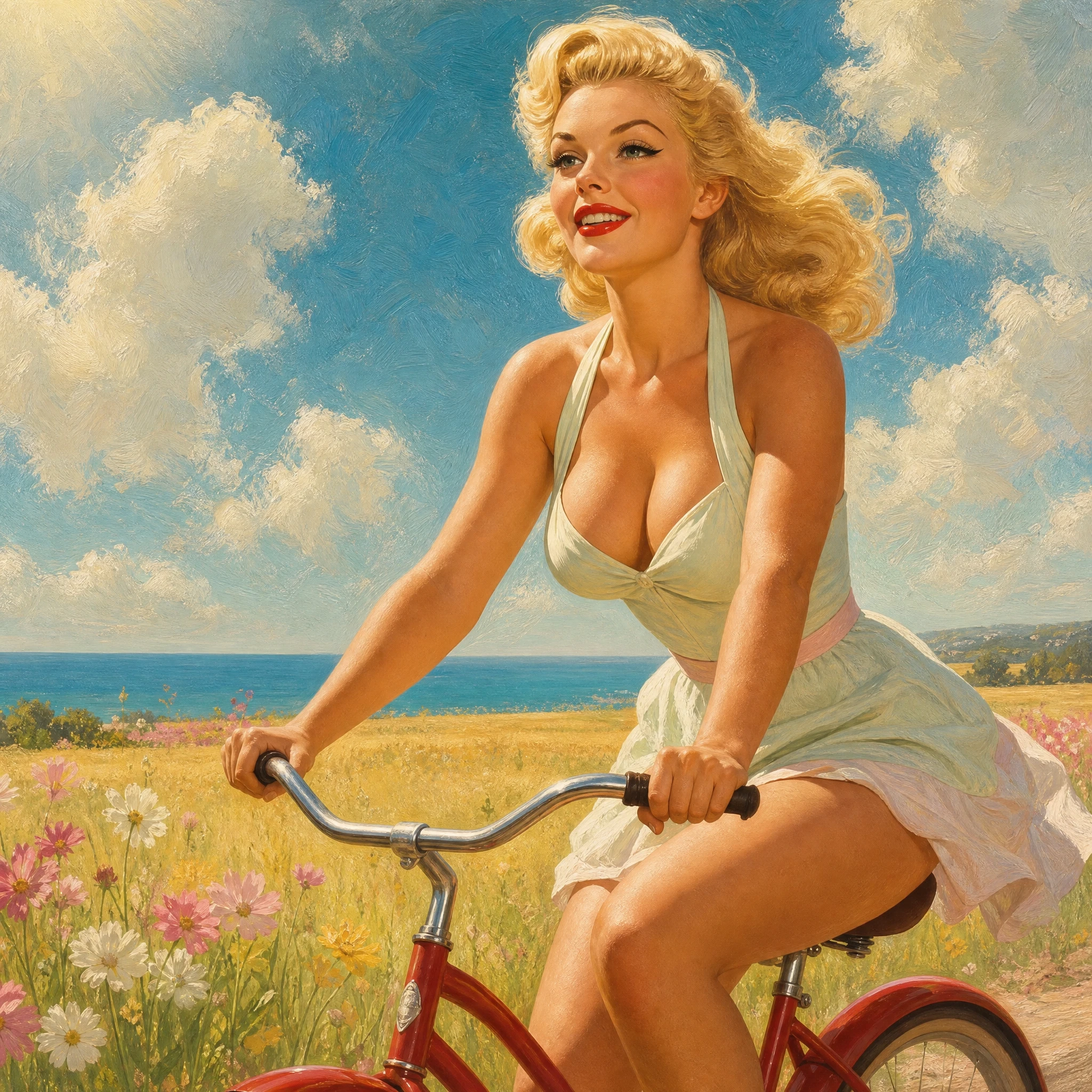 Mulher loira glamourosa pedalando por um prado florido
