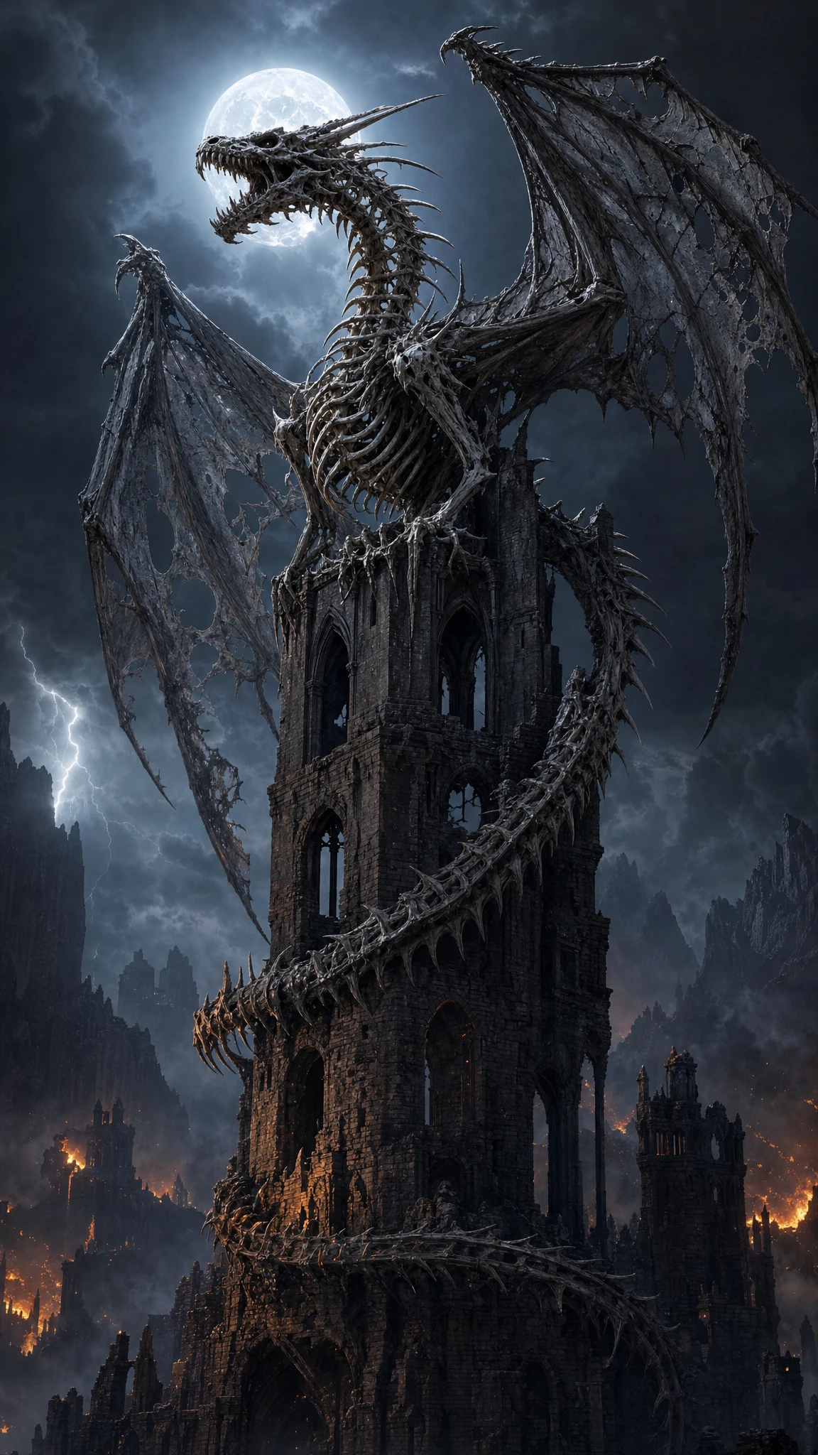 Dragon squelettique planant au-dessus d’une tour gothique en ruine la nuit