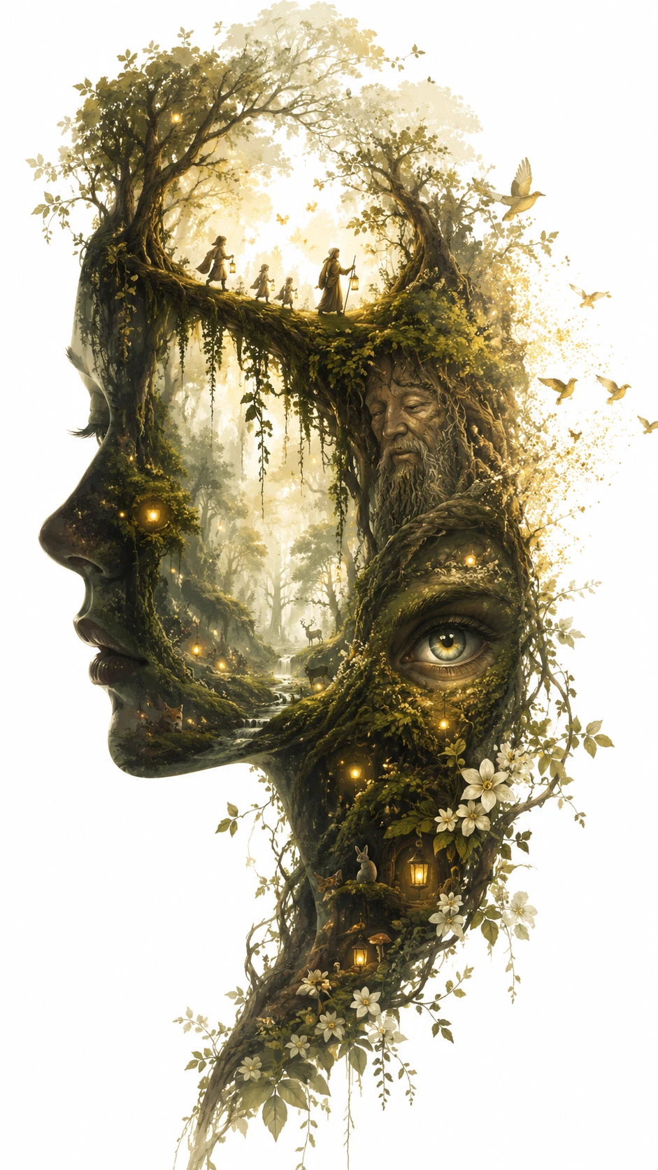 Silueta Humana Rellena con Escena de Bosque Encantado Luminoso