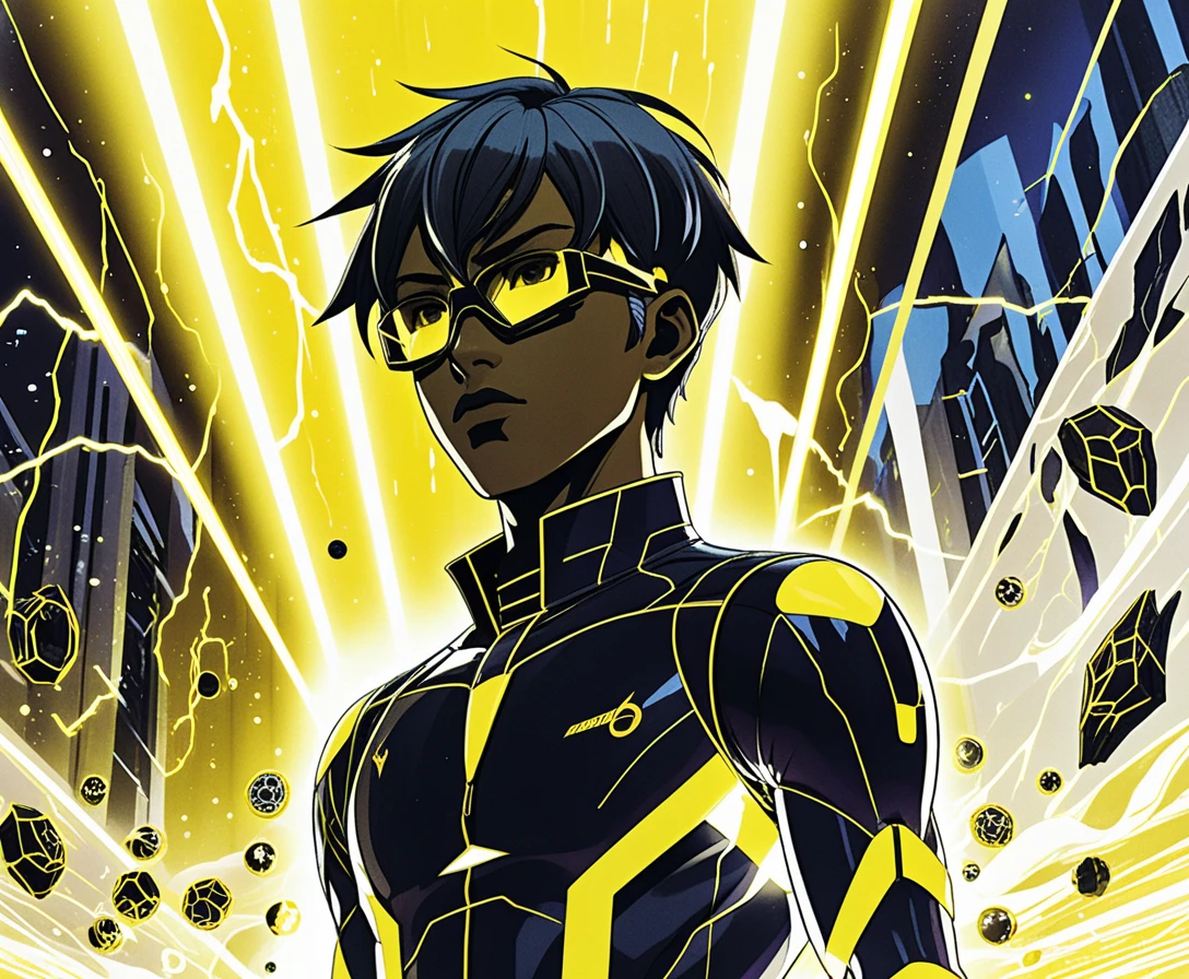 Chicos de anime isekai en una instalación sci‑fi iluminada con neón
