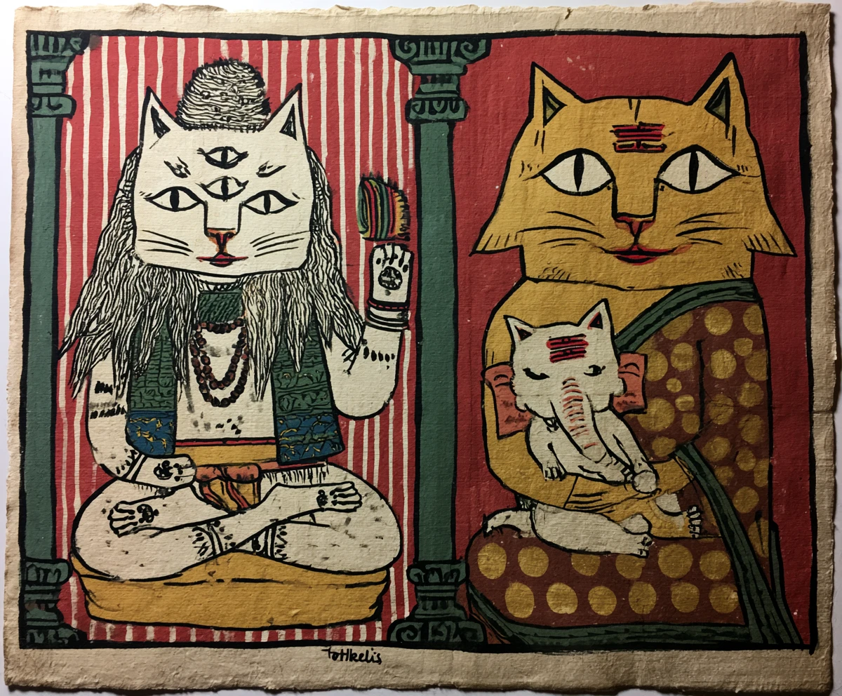 Divinité chat blanc en méditation dans un style de peinture folklorique