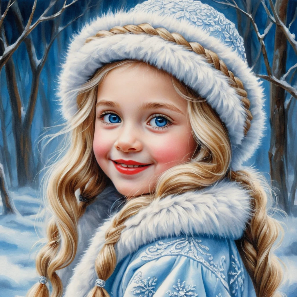 Retrato de menina loira sorridente em casaco de pele branco de inverno