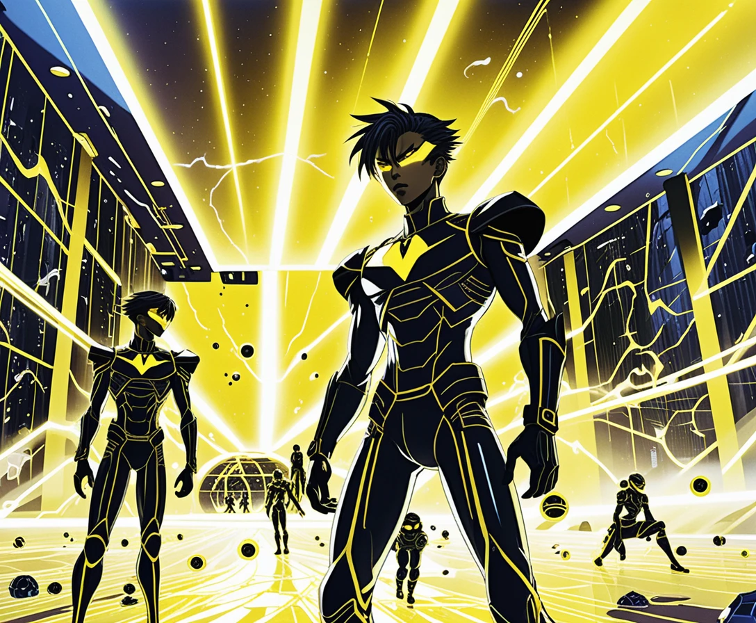 Garçons d’anime futuristes dans un complexe sci‑fi éclairé au néon