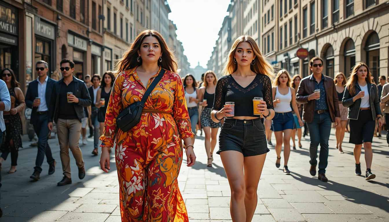 Duas mulheres caminhando por uma animada rua histórica da cidade