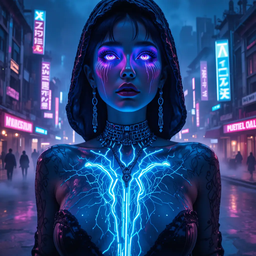 Ritratto noir di una femme fatale futuristica con tatuaggi luminosi