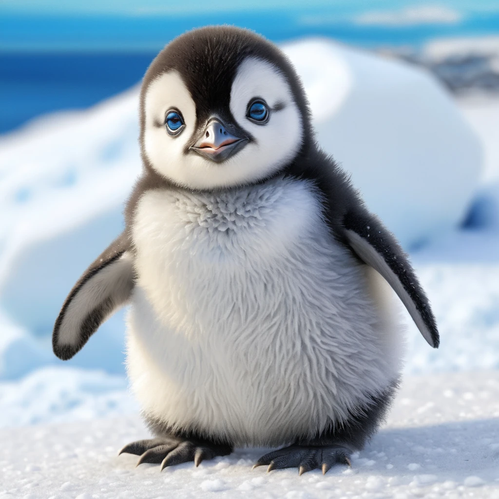 Dolce cucciolo di pinguino con occhi azzurri in arte a matita colorata