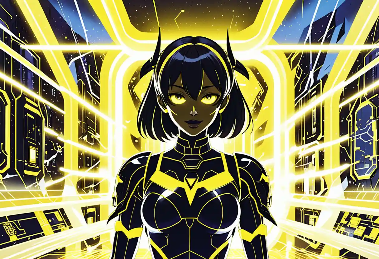 Chicas de anime en una instalación sci‑fi de neón con luz amarilla brillante