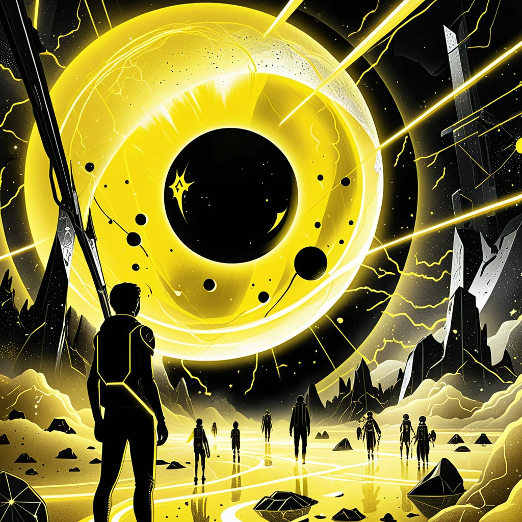 Futuristischer schwarzer Planet mit gelb leuchtendem Neonlicht