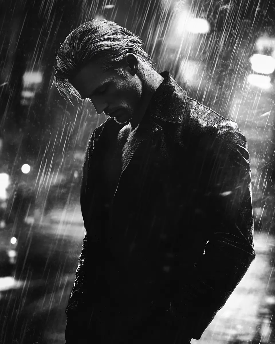 Lonely man standing in the rain on an empty city street