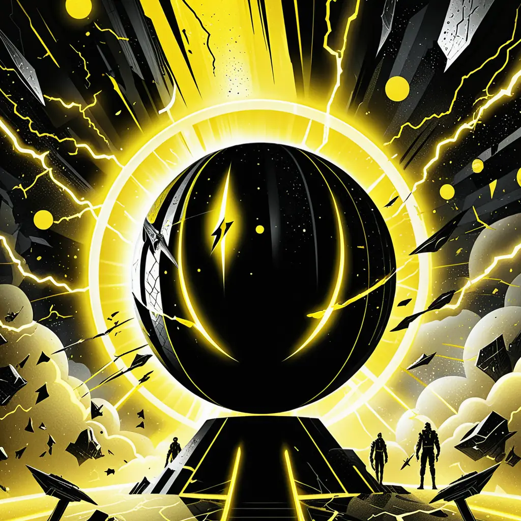 Futuristischer schwarzer Sci‑Fi‑Planet mit gelbem Neonhalo