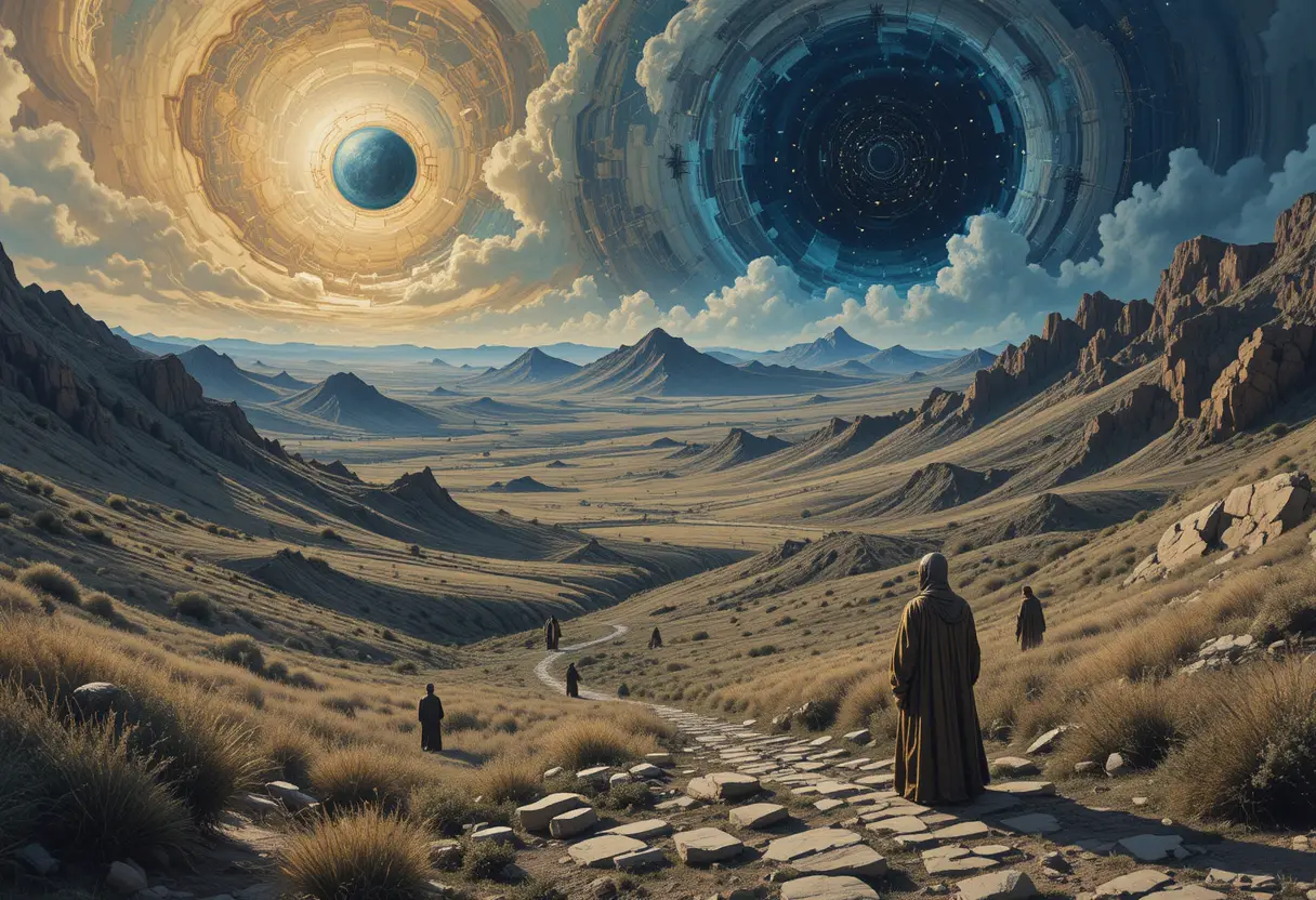 Mystische Landschaft von Qumran mit umherwandernden Essener-Mönchen