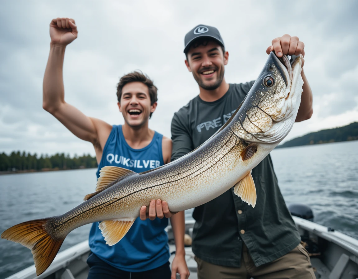 Dois homens comemorando com um grande muskie em um lago