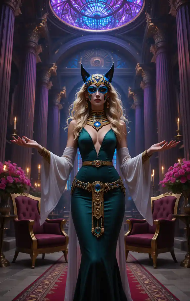 Femme masquée en robe émeraude dans la salle d’un temple mystique