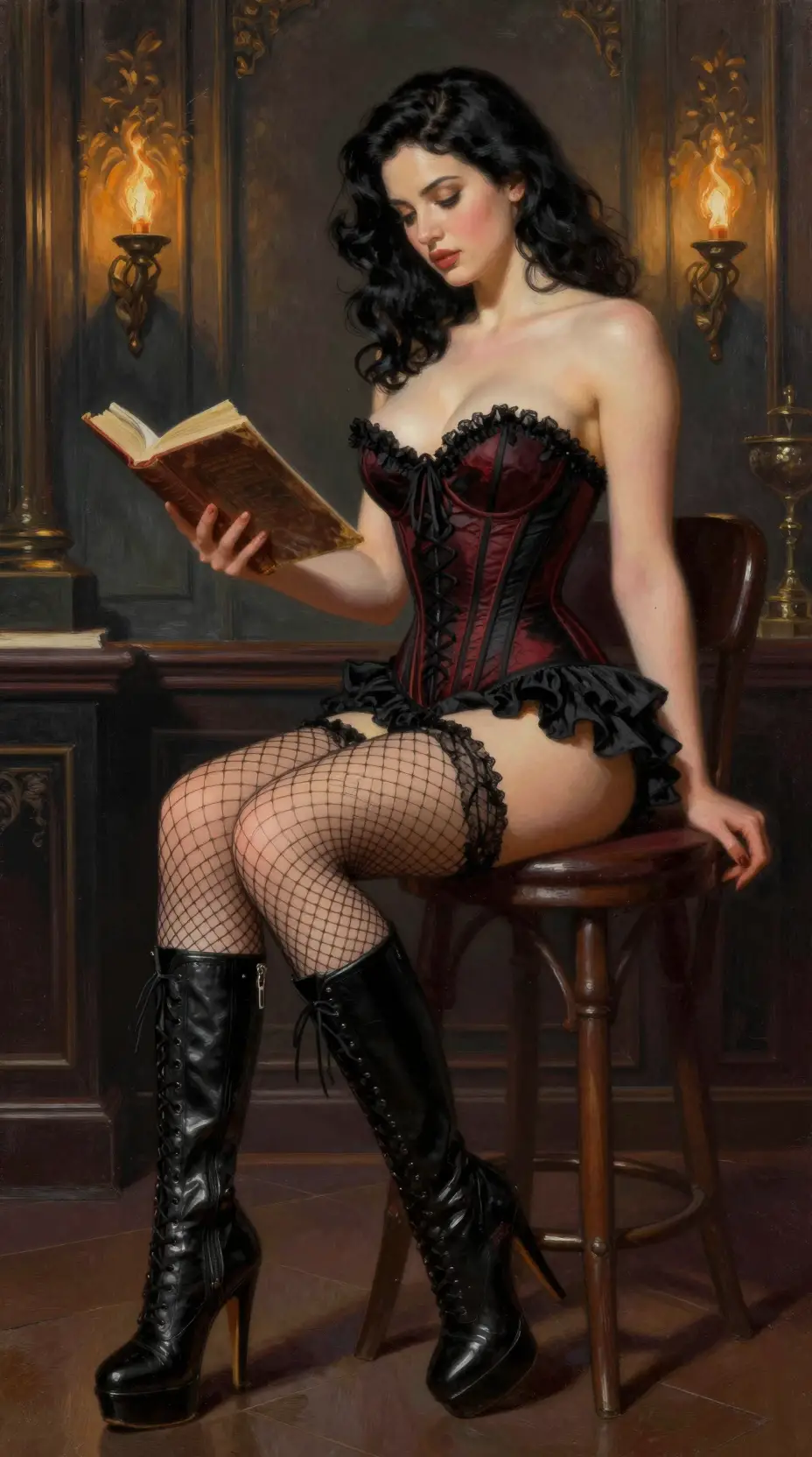 Donna seducente in corsetto seduta in un oscuro maniero