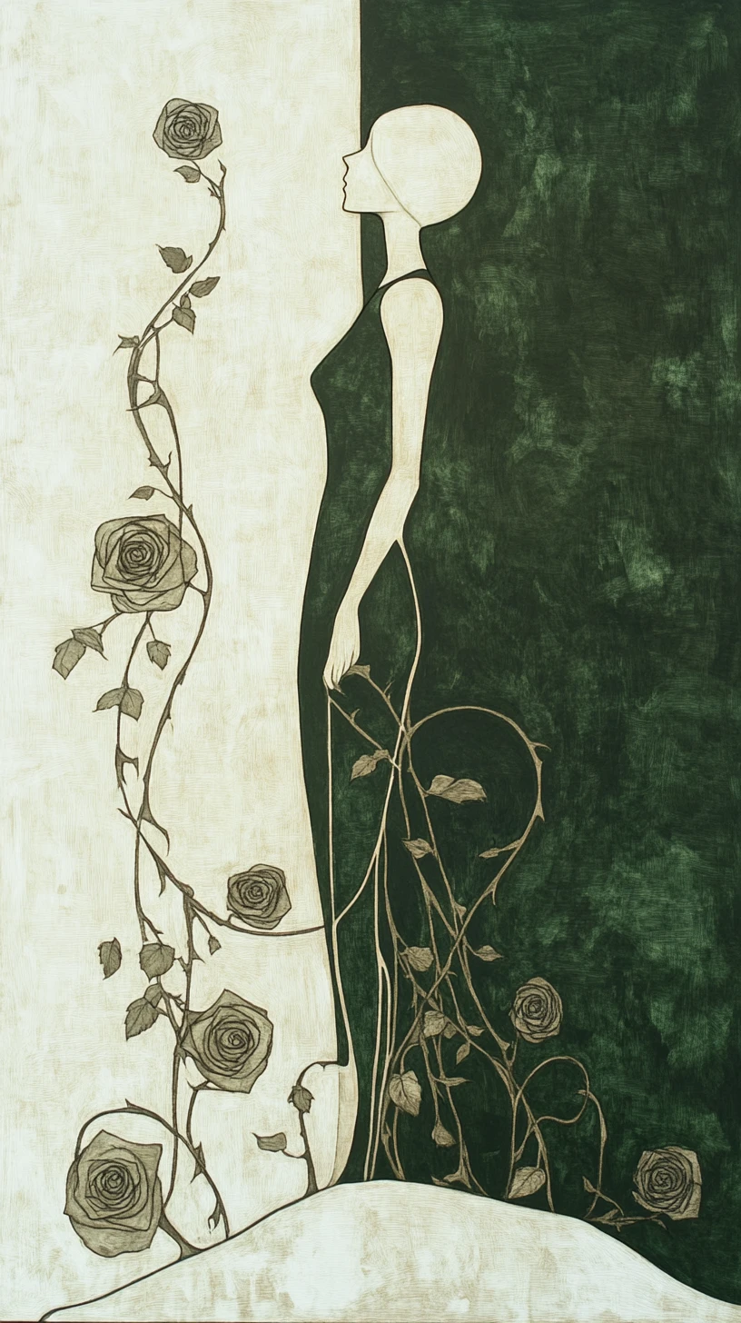 Figura femminile serena intrecciata con tralci e rose stilizzati