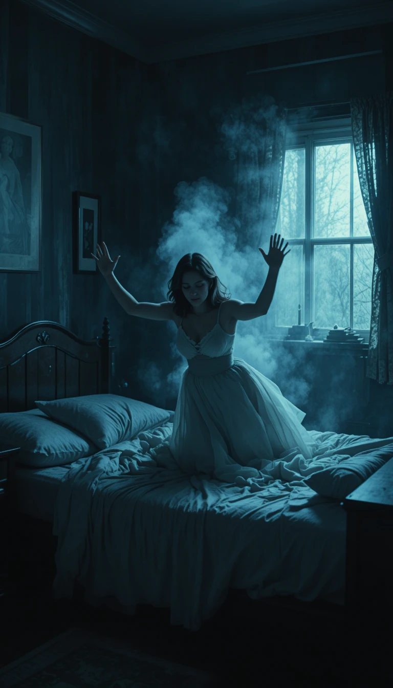 Ragazza scagliata da una forza paranormale invisibile in una camera da letto buia
