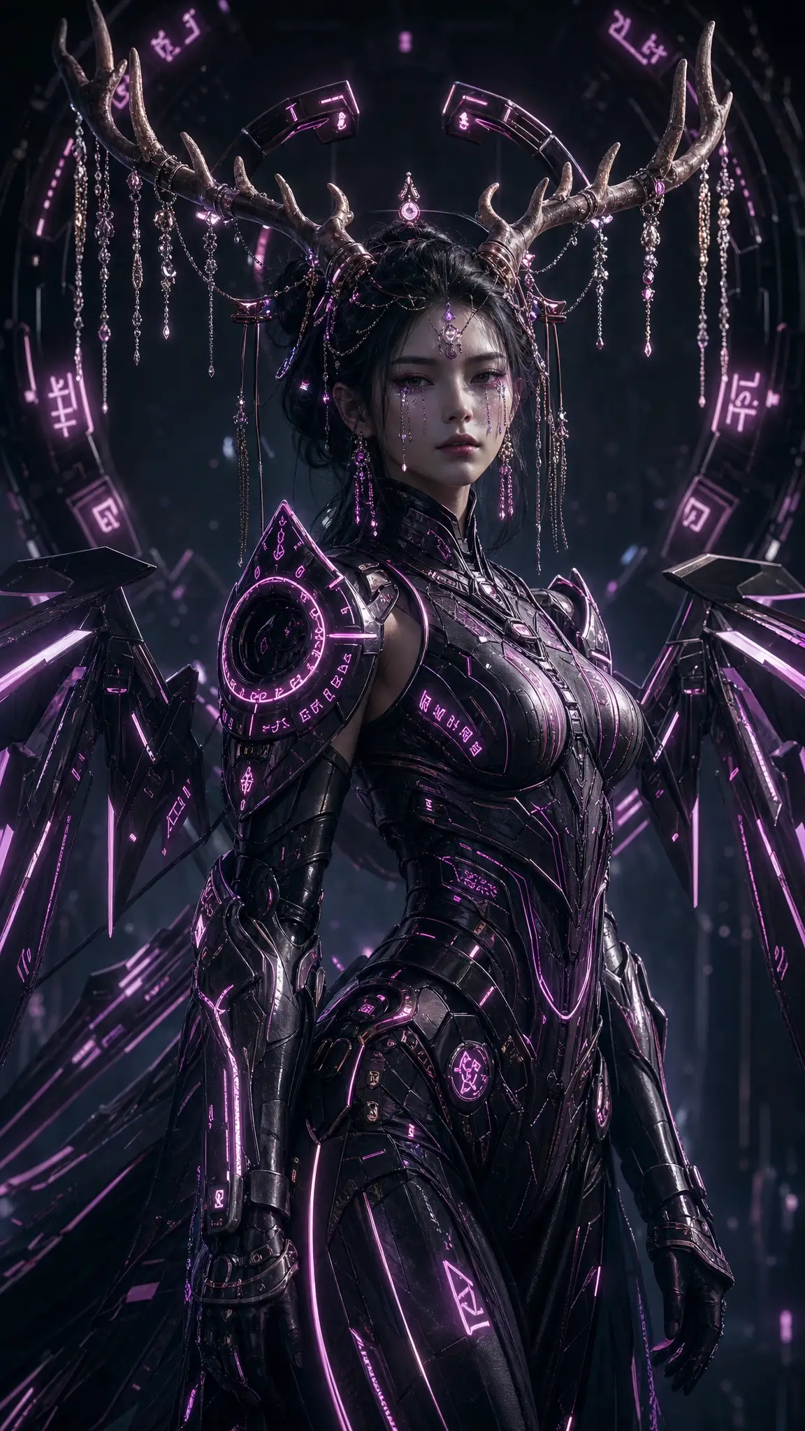 Cyberpunk-Frau mit Geweih in leuchtender Neon-Rüstung