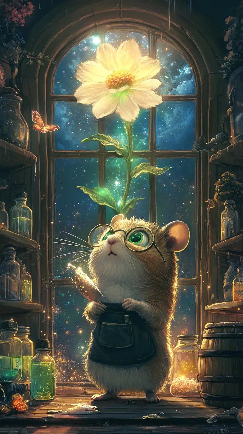 可愛的倉鼠在夜晚擦拭發光的魔法窗戶