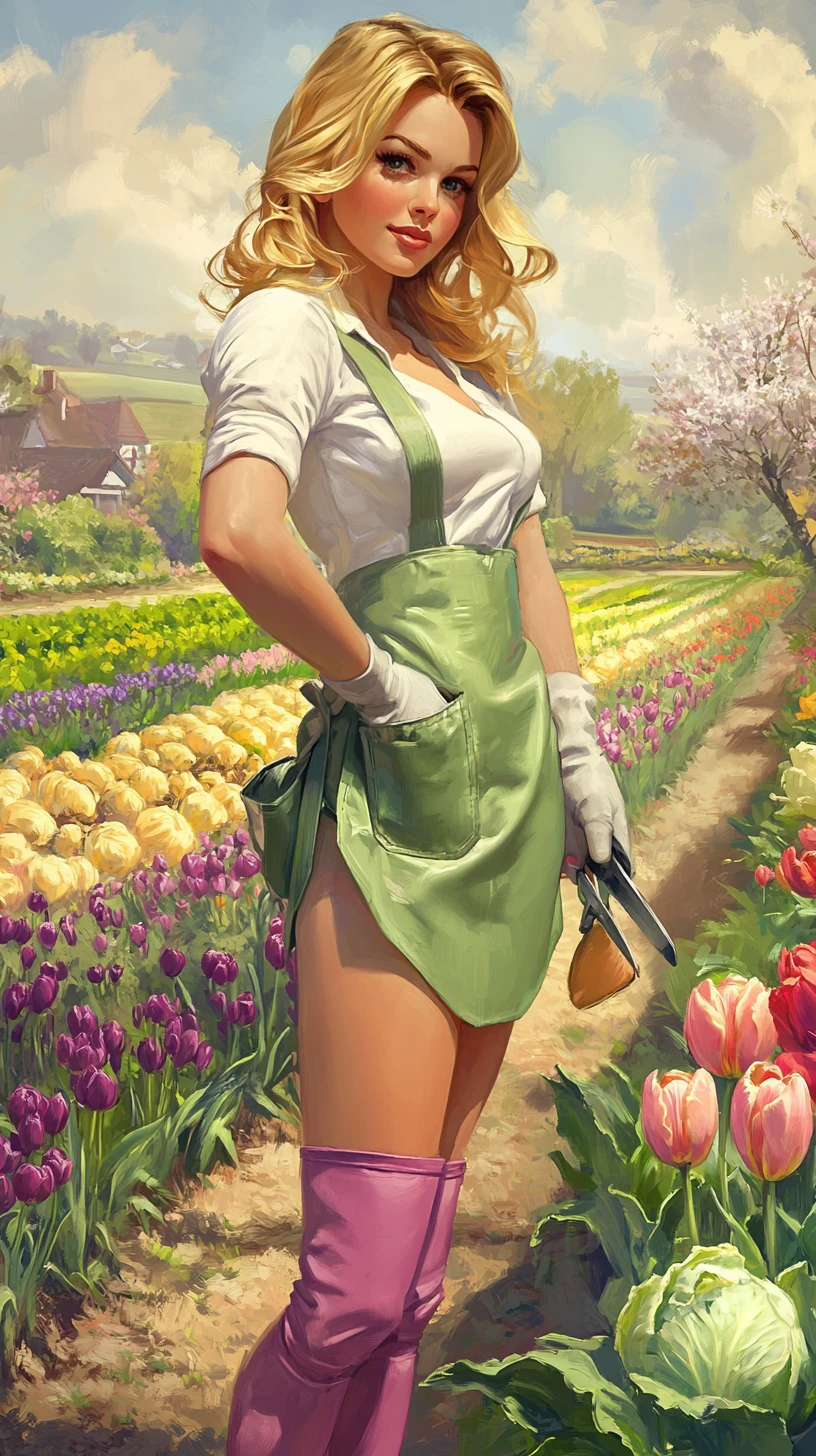 Junge Gärtnerin geht durch bunte Frühlingsblumenbeete