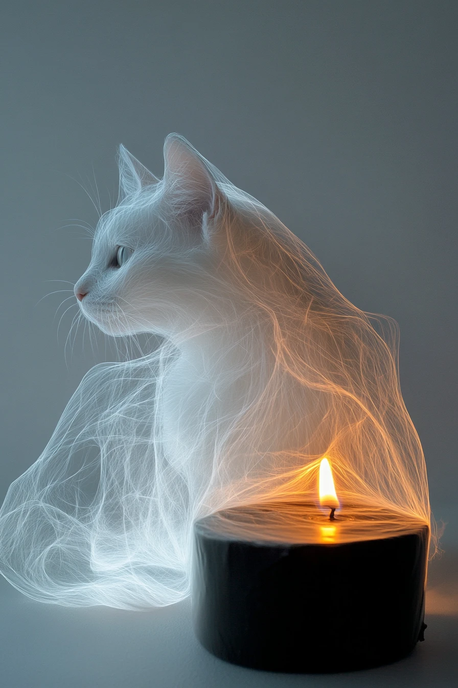 Formes transparentes superposées avec chat blanc et flamme de bougie