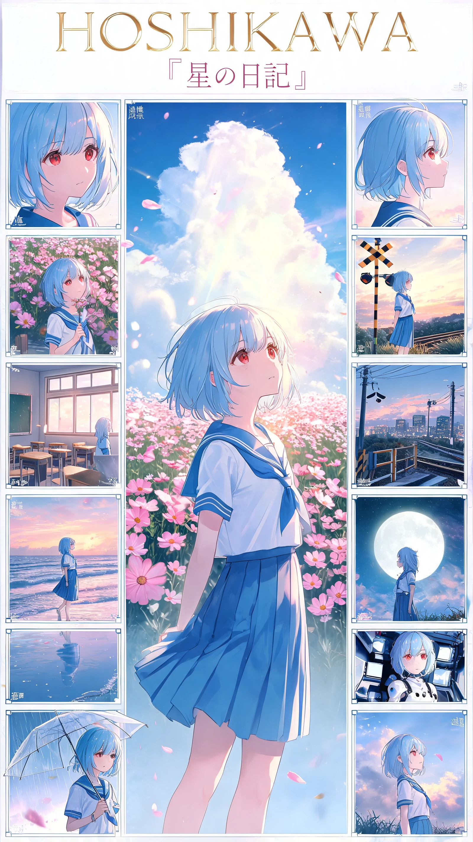 Blue haired anime girl in a pink cosmos flower field