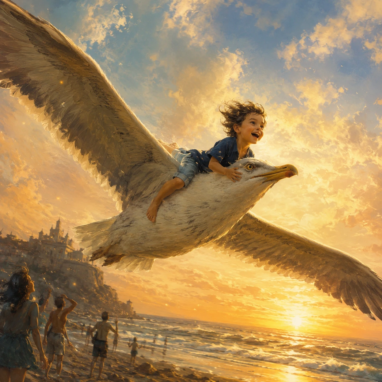 Menino cavalgando uma gaivota gigante sobre uma praia ao pôr do sol