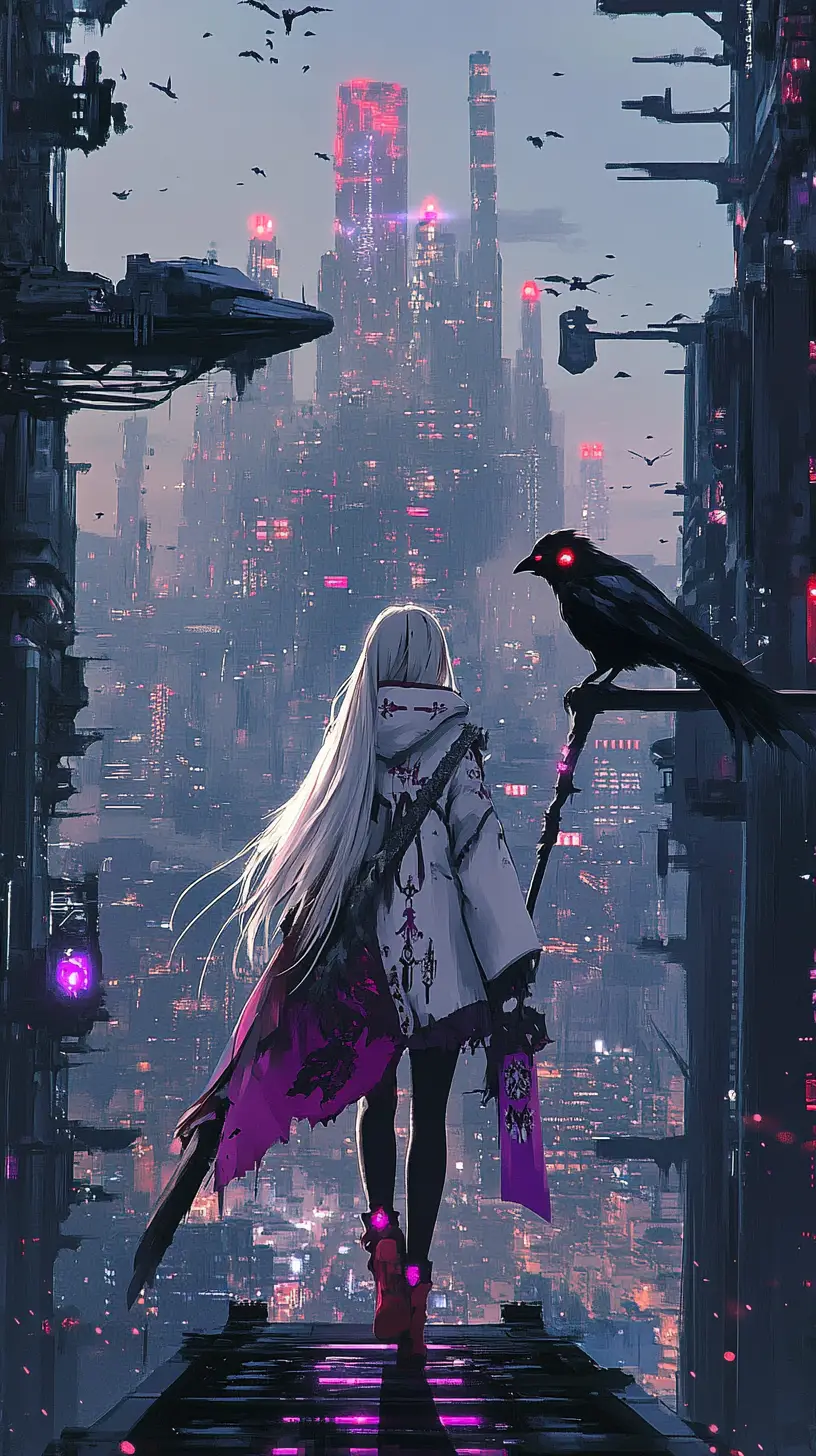 大鎌を持つアニメ少女が崩壊したファンタジー城へ続く橋を渡る