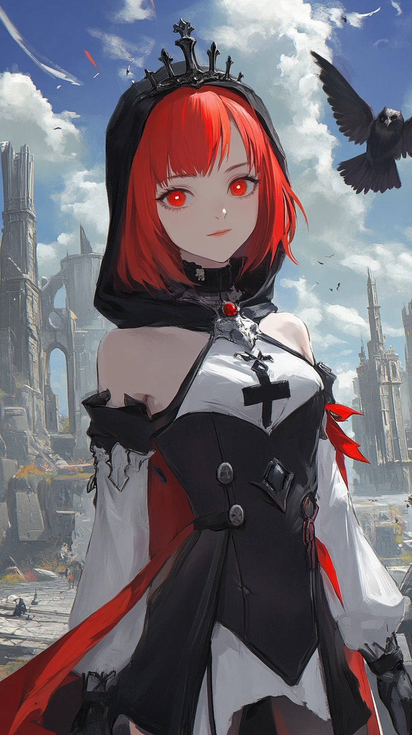 Garota de anime com foice cruzando ponte até castelo de fantasia em ruínas