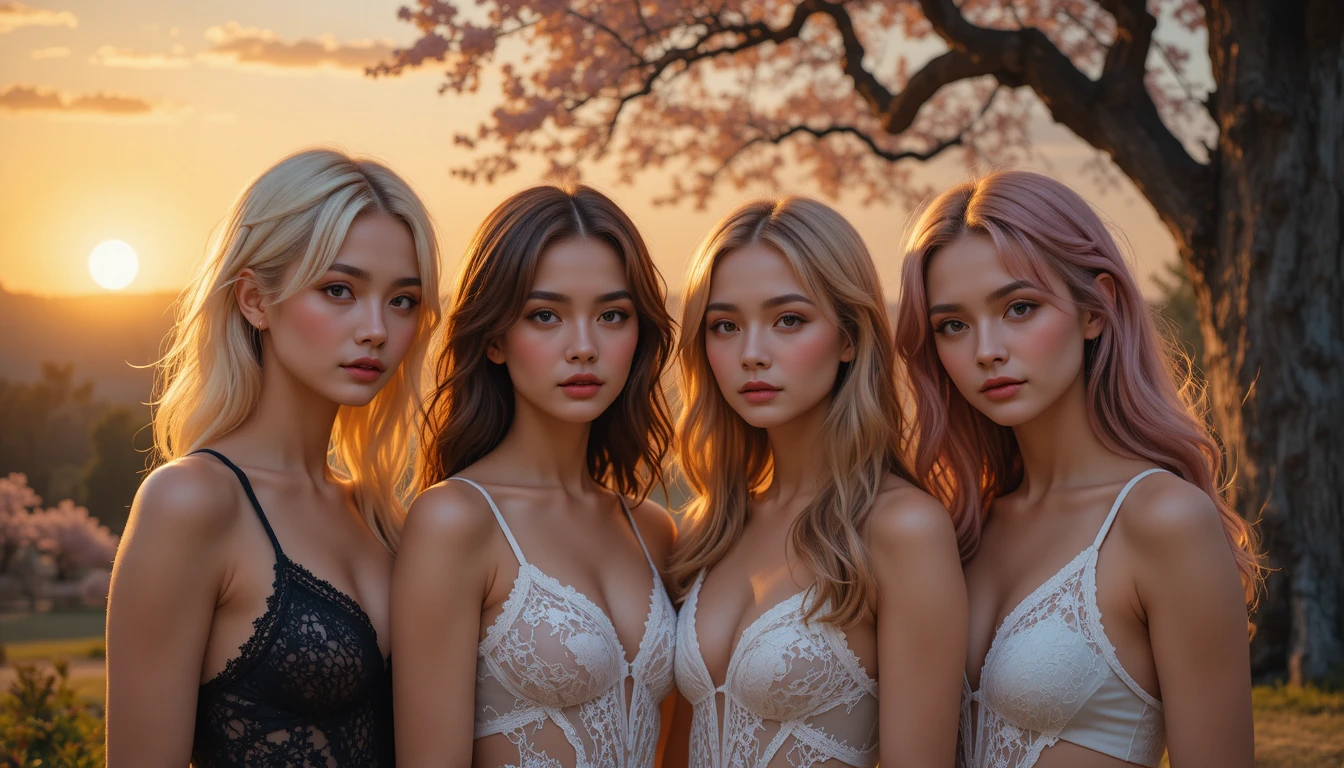 Quatro jovens mulheres de lingerie em um jardim ao pôr do sol