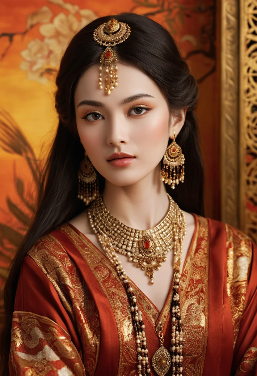 Mulher oriental serena em traje tradicional com joias de ouro