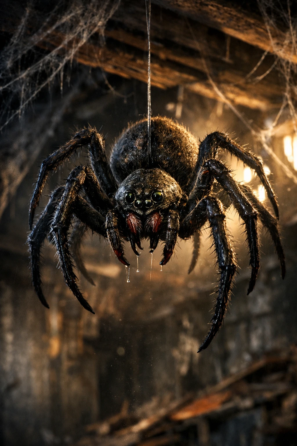 Gran araña colgando del techo con luz dramática