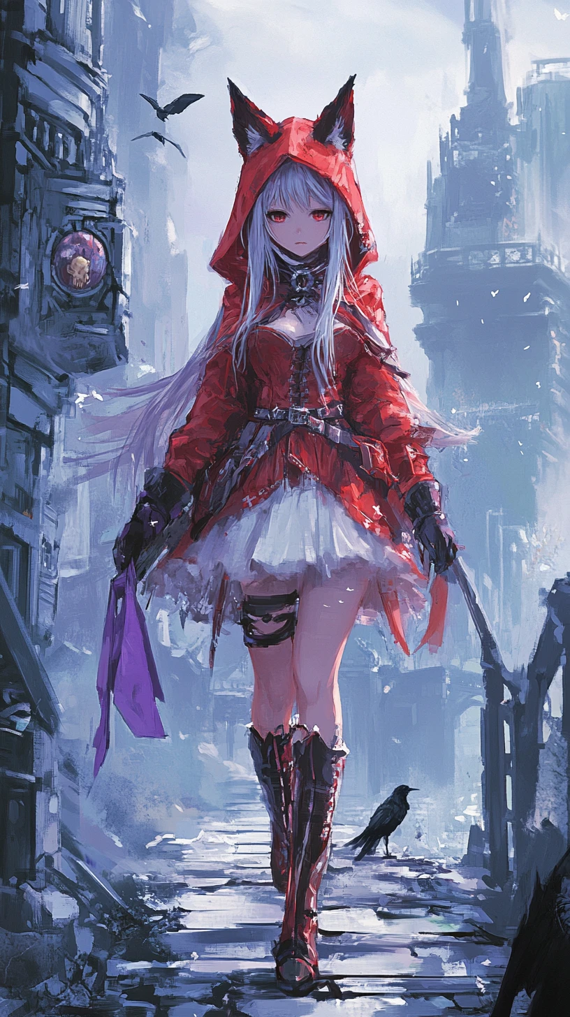 Fille d’anime avec hallebarde traversant un pont vers un château fantastique en ruines
