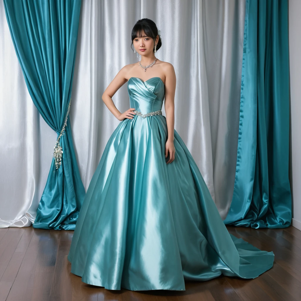 Jovem em vestido de baile de cetim brilhante em sala elegante