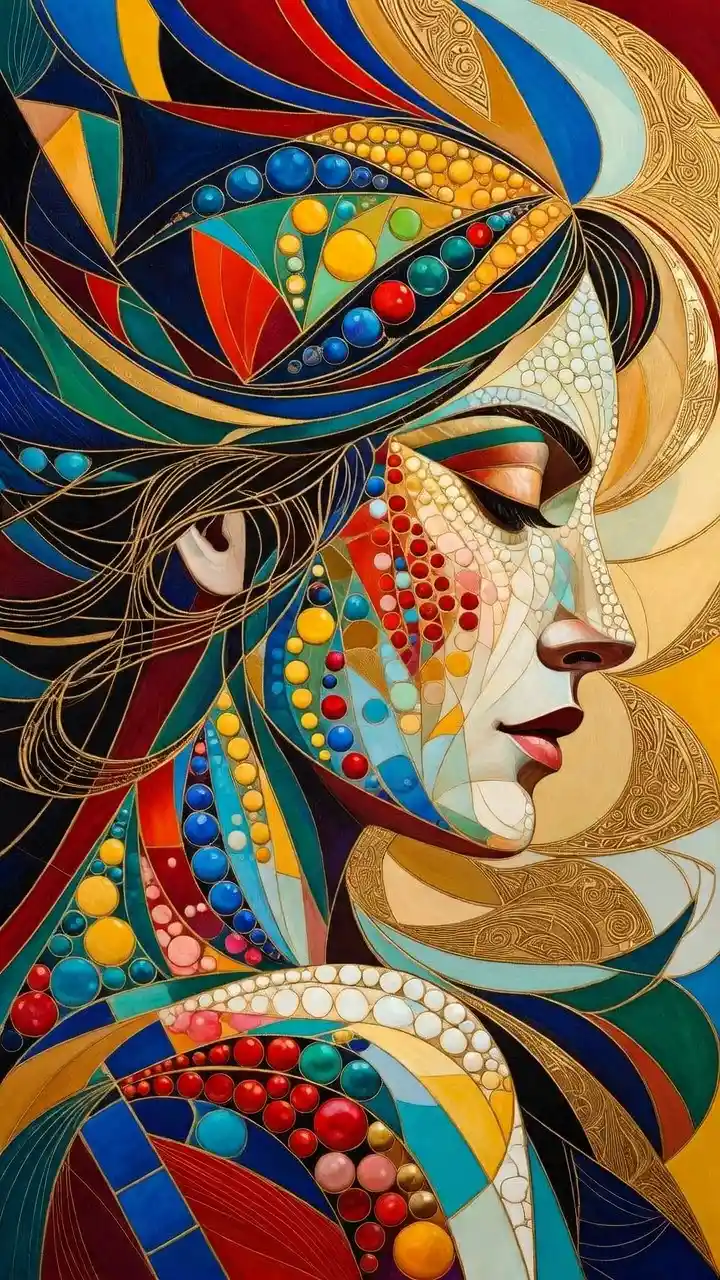 Stylized divisionist portrait of a proud woman in profile
