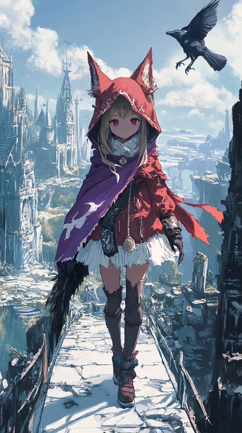 Fille d’anime avec hallebarde traversant un pont vers un château fantastique en ruines