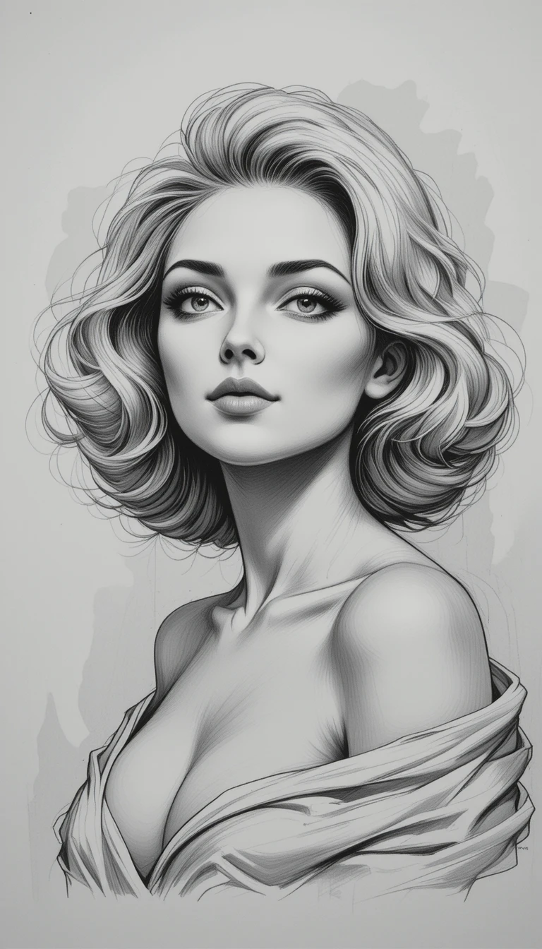 Pencil portrait of a young woman with wavy hair