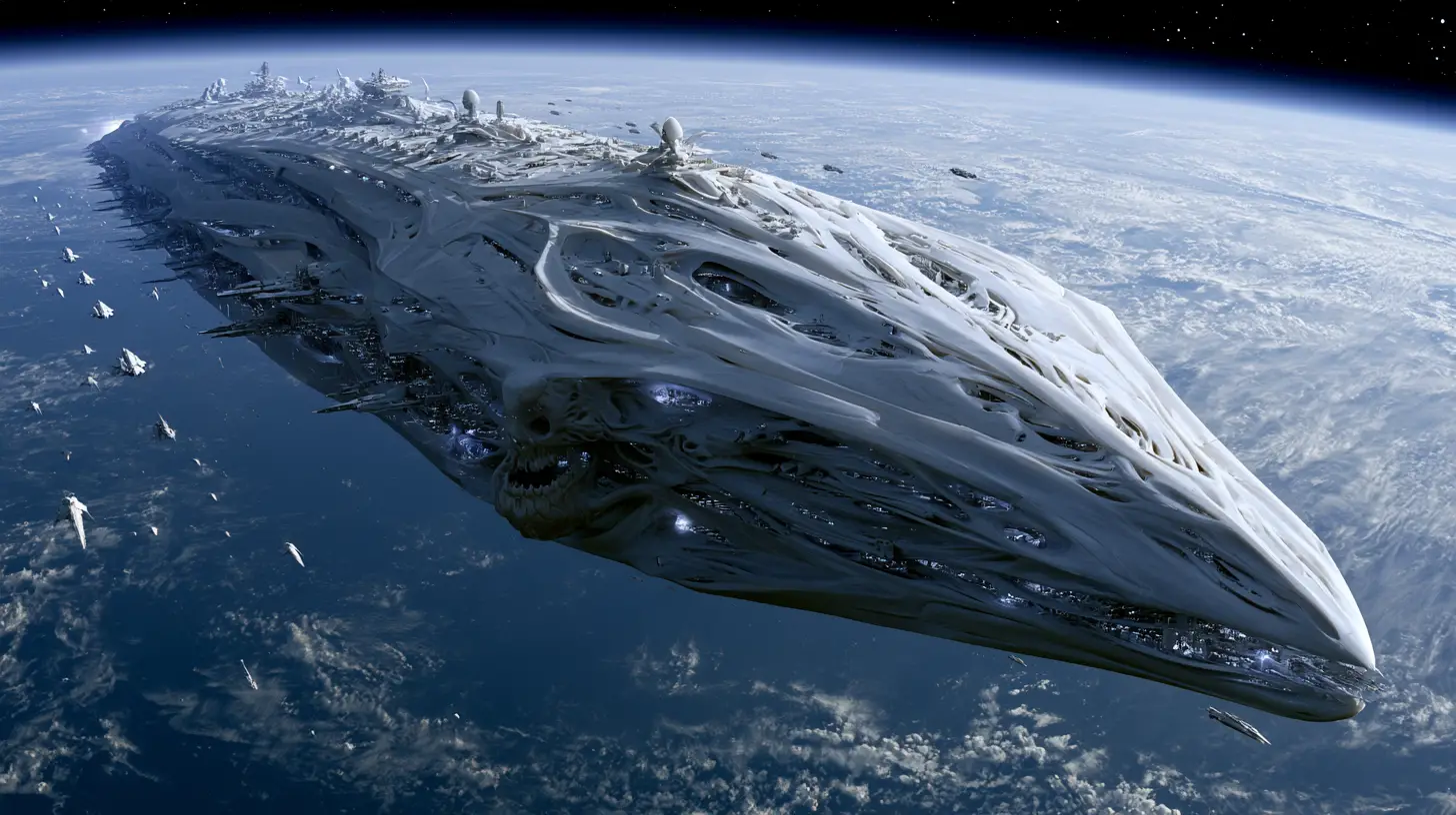 Vaisseau de Commandement Alien Colossal au-dessus d’une Invasion de Planète Bleue