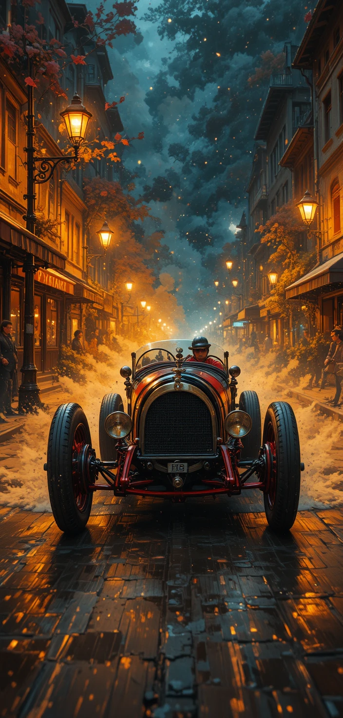 Carro de corrida vintage preto acelerando por uma rua quente à noite