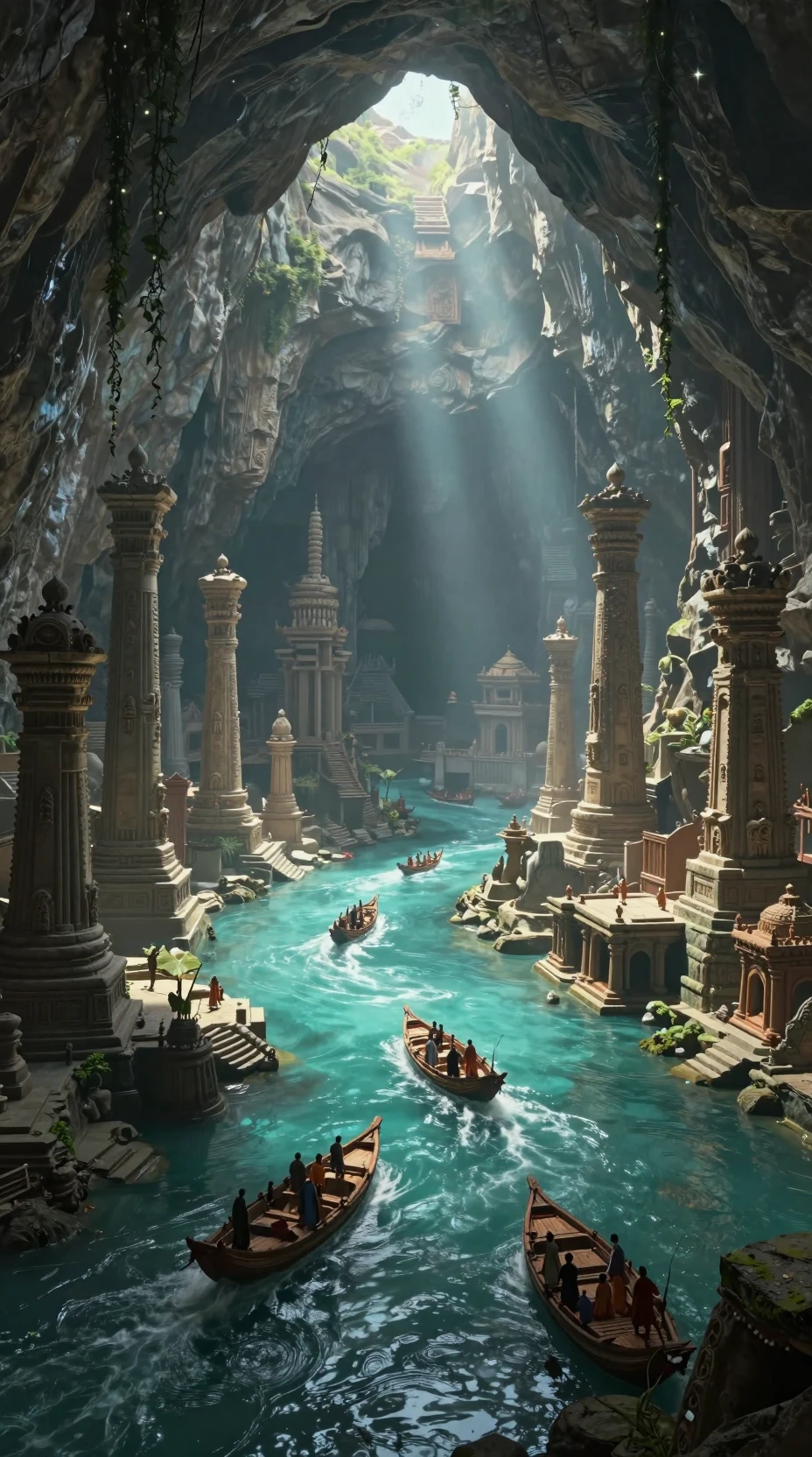 Antiga cidade em ruínas dentro de caverna com rio turquesa e barcos