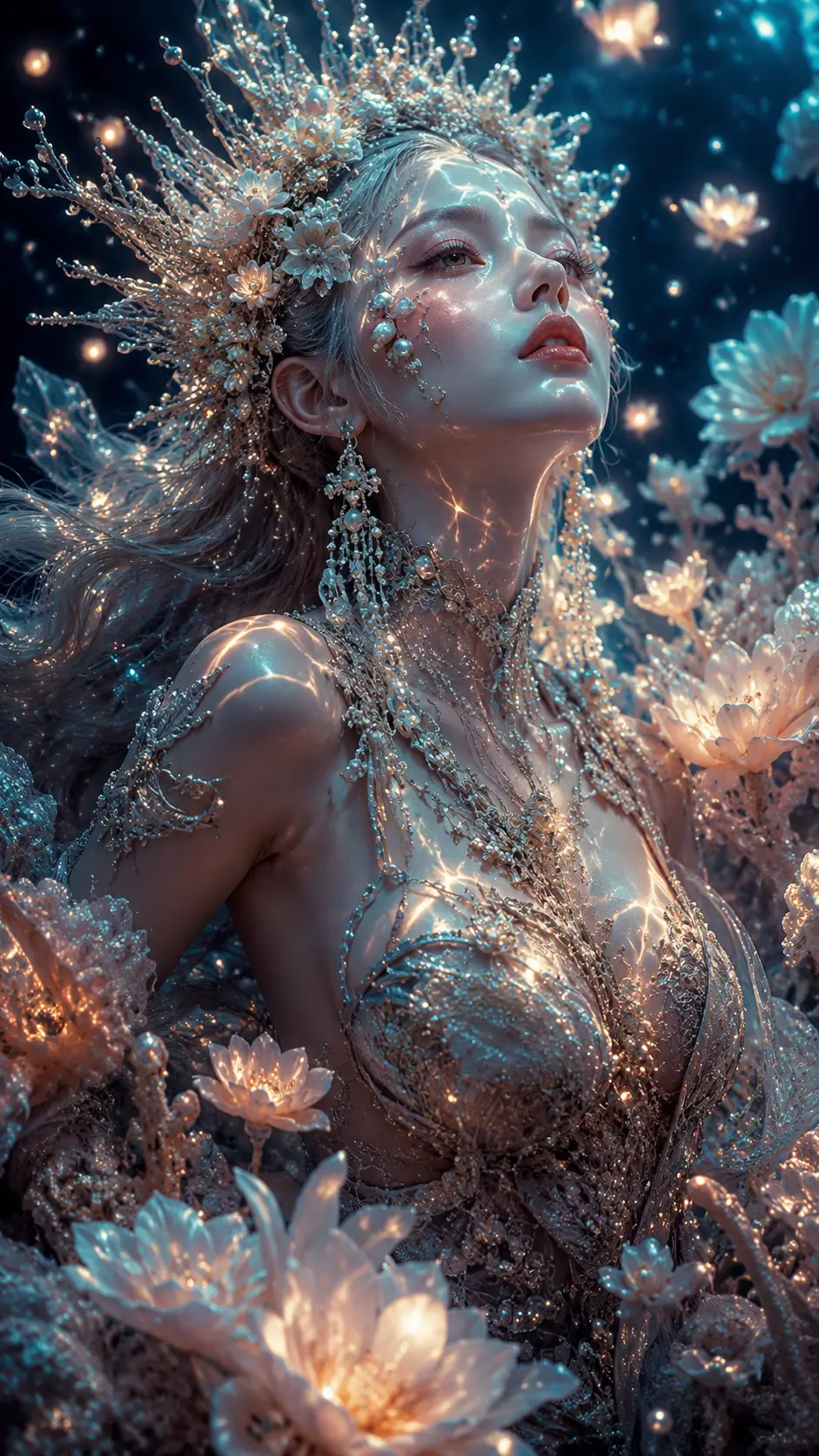 從發光水下花海中升起的奇幻女皇