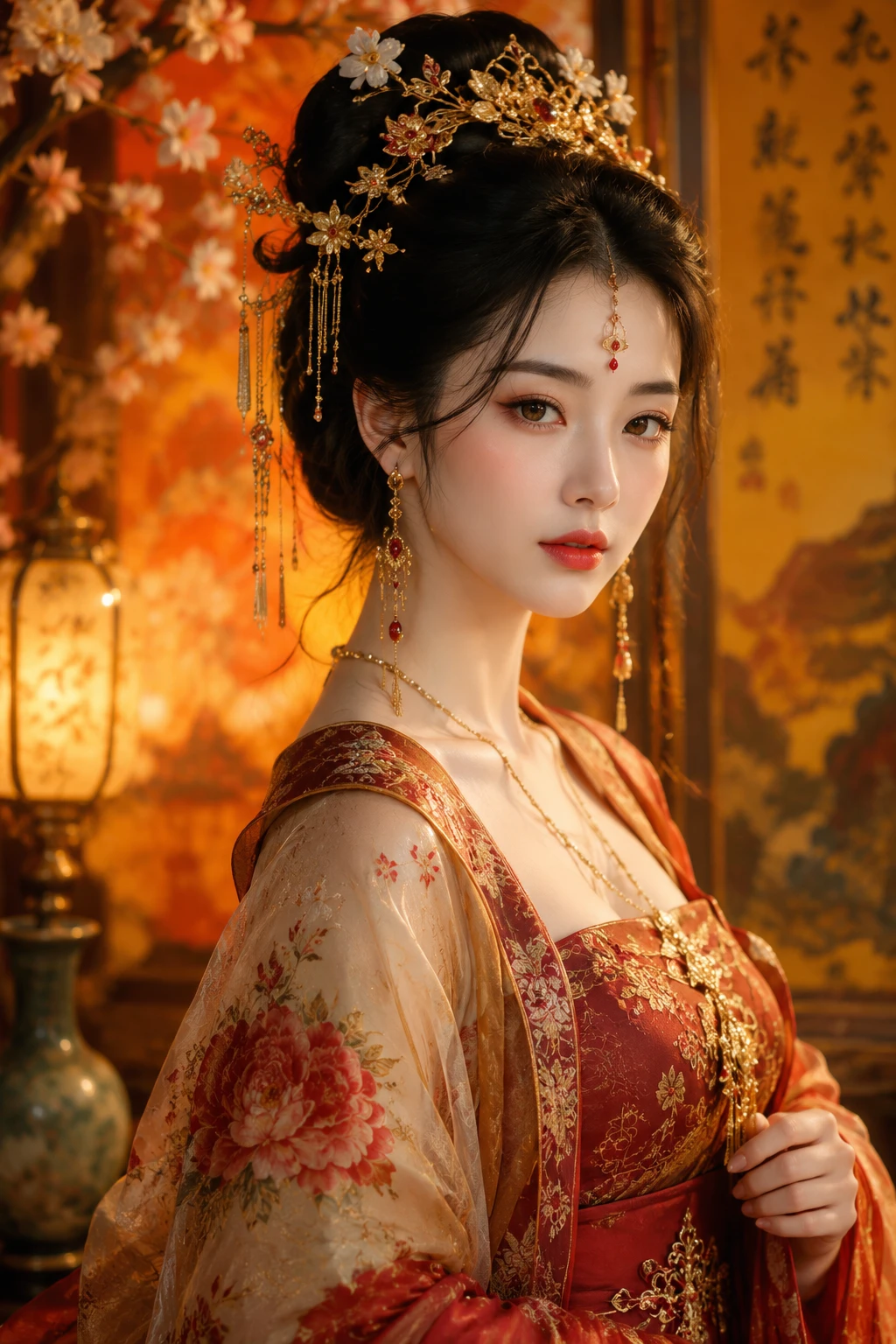 Gelassene orientalische Frau in traditioneller Kleidung mit goldenem Schmuck