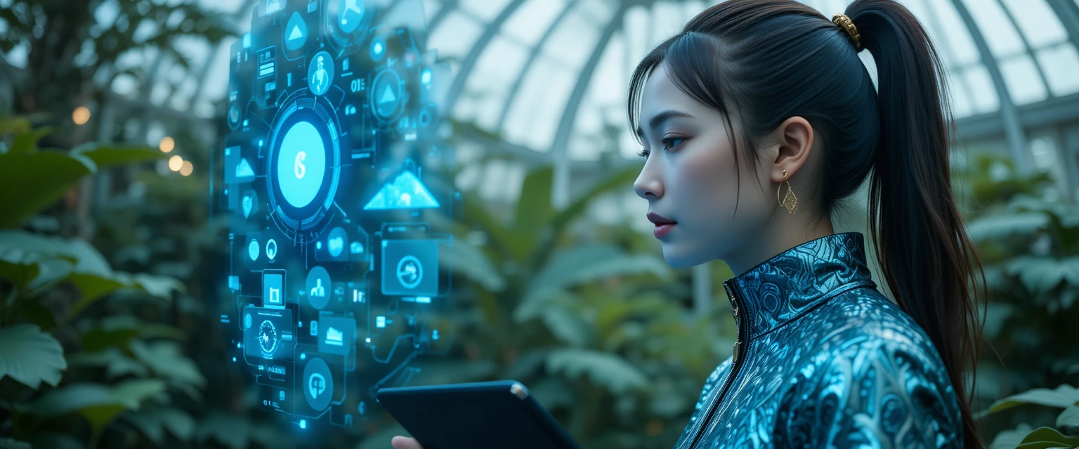 Jovem usando interface holográfica em estufa exuberante