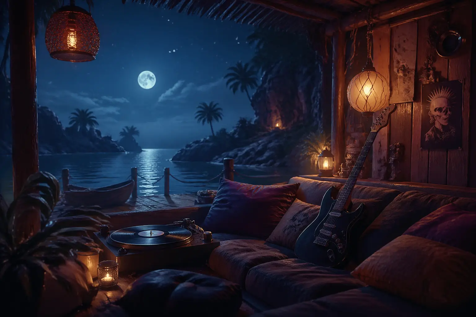 Mitternächtliche Lagunenszene mit entspannter Lo‑Fi‑Chill‑Atmosphäre