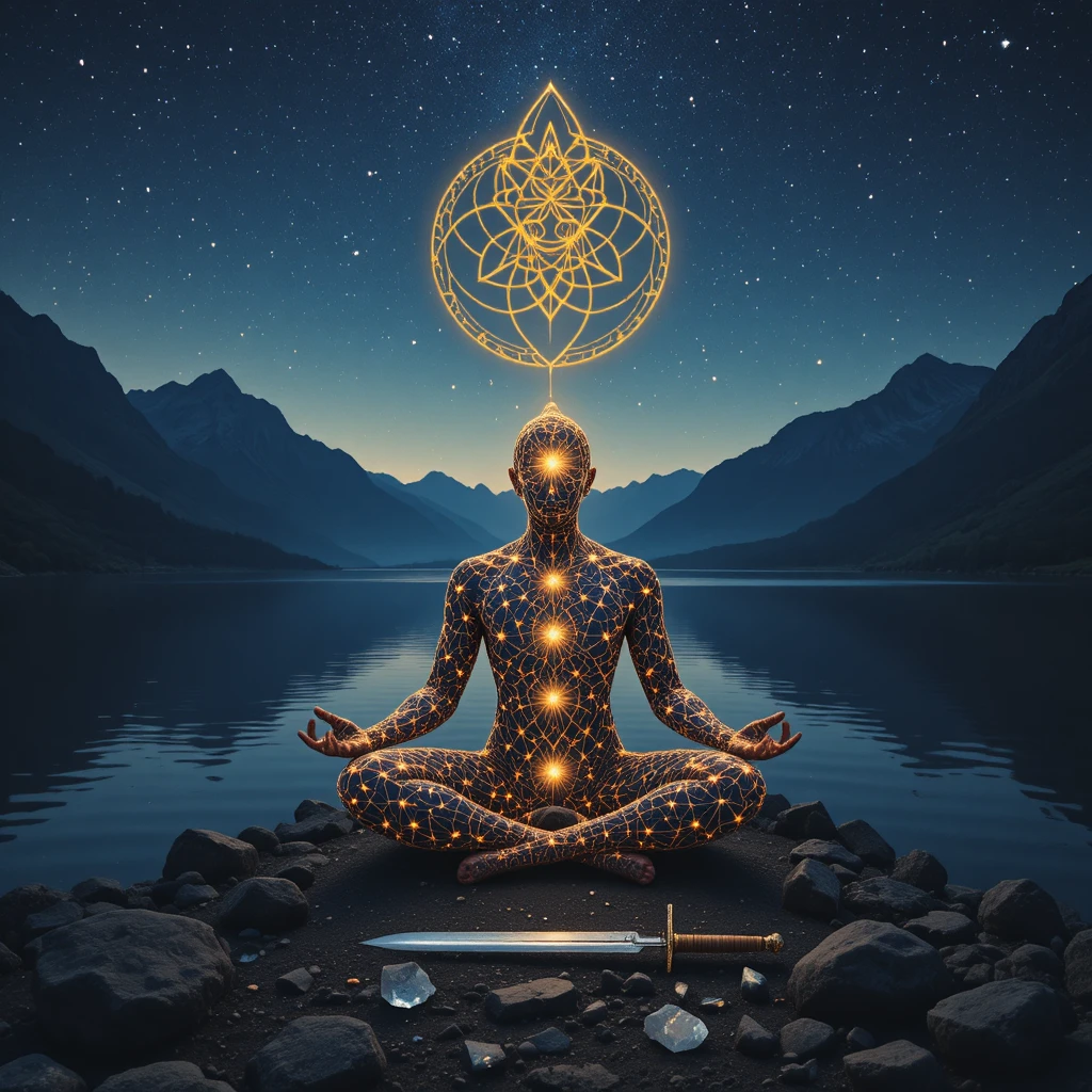 Figura estelar meditando junto a un tranquilo lago de montaña