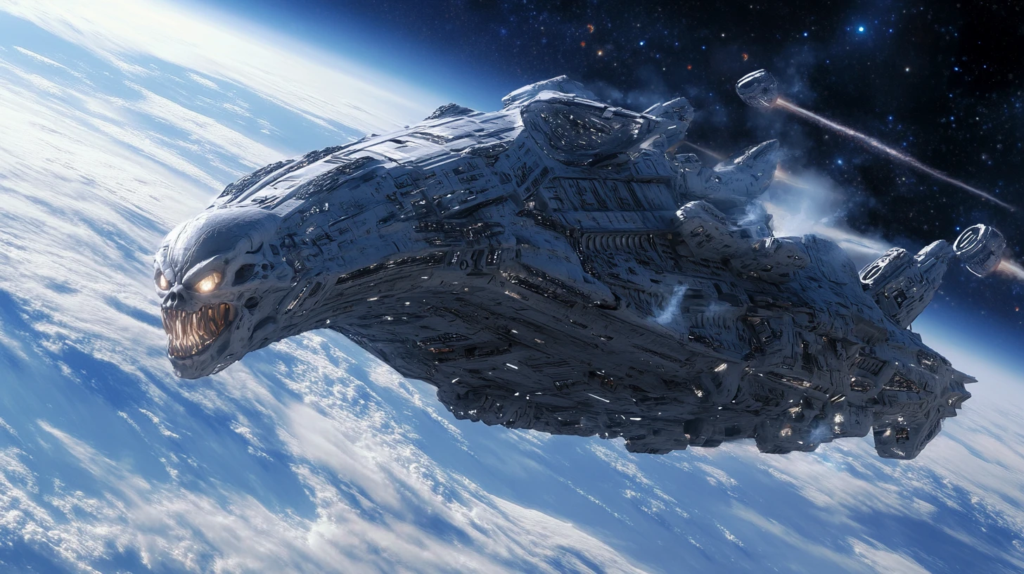 Enorme Nave de Mando Alienígena Sobre un Planeta Azul Asediado