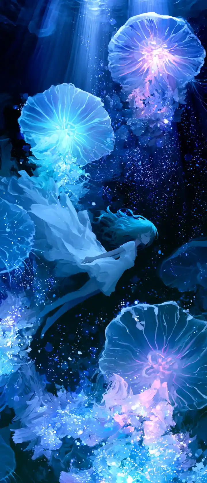 Anime girl drifting among glowing jellyfish underwater