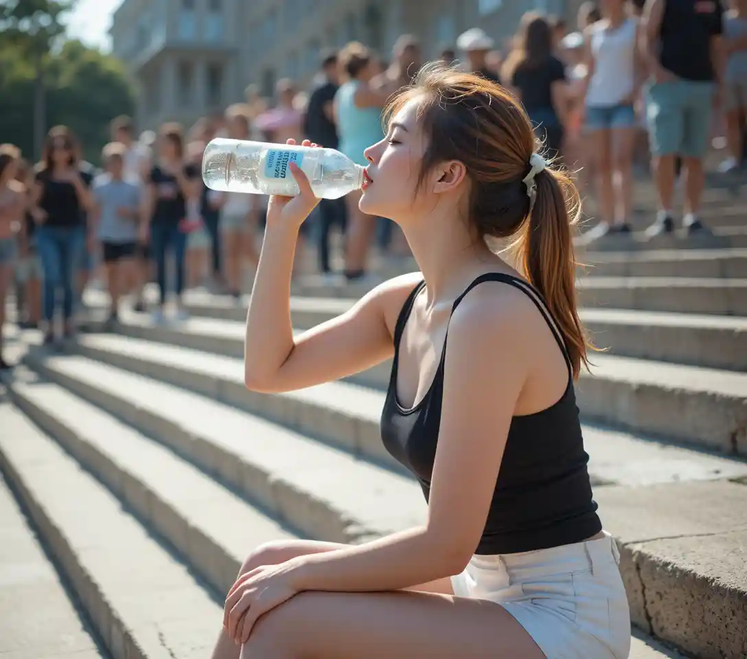 Young woman drinking water on sunny stone steps