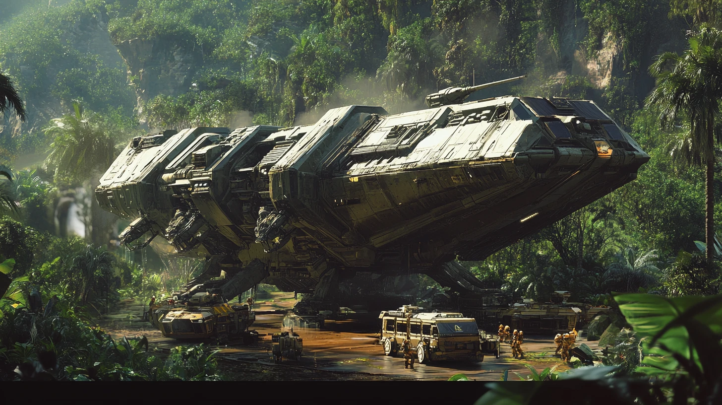 Enorme nave de suprimentos alienígena descarregando um posto avançado modular na selva